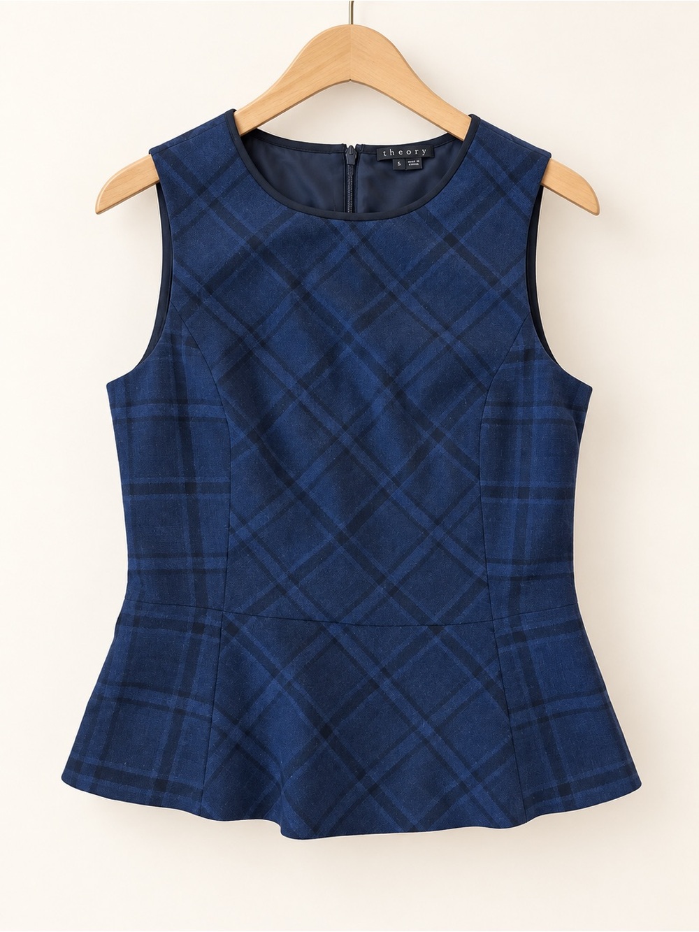 Theory Navy Black Plaid Wool Blend Sleeveless Peplum Top Size 6